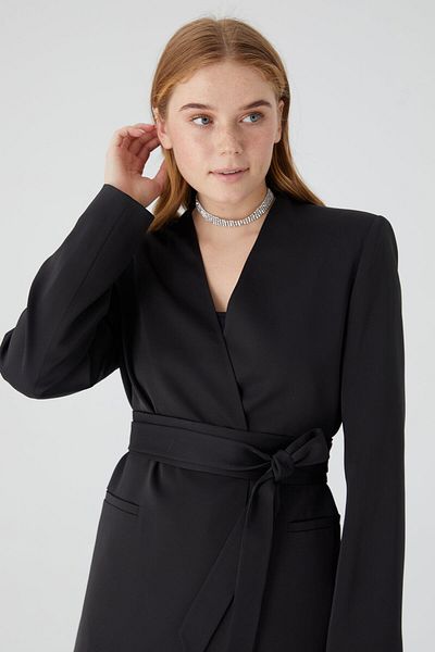 Manuka Belted Collarless Satin Blazer Jacket Black