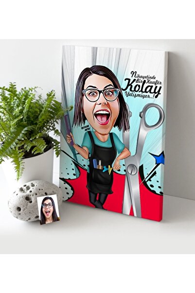Bk Gift Kişiye Özel Bayan Kuaför Karikatür Kanvas Tablo (30 X 50 Cm.) 1