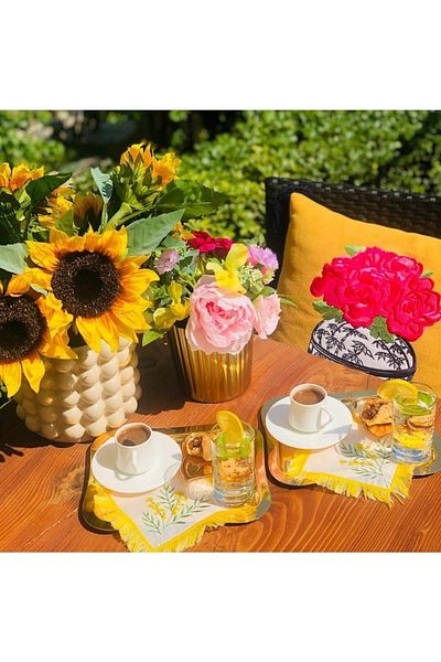 ge living Decorative Yellow Floral Patterned Cocktail Napkin (2 Pieces)