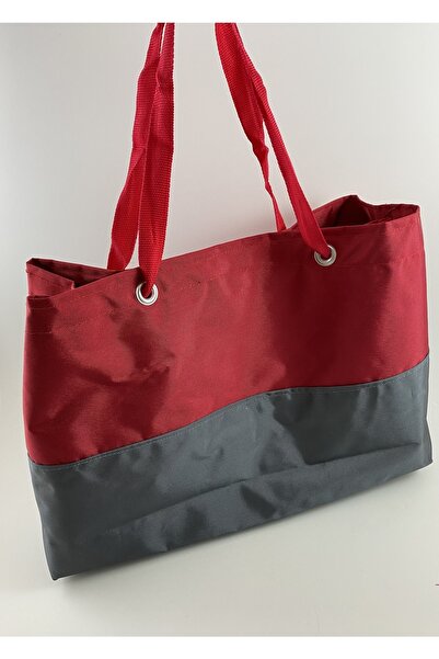 Minderya Su Geçirmez Gri - Kırmızı Alışveriş - Plaj Çantası - Pazar Çantası