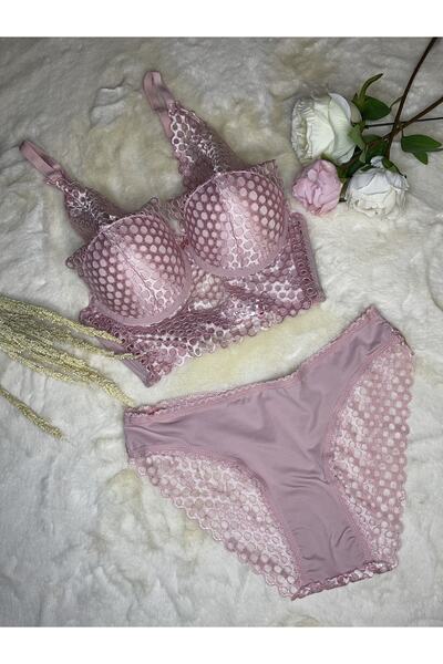 ZeyZey Store Pembe Dolgulu Dantel Detaylı Bralet Sütyen Takım