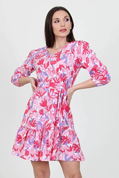 Neşeli Butik Γυναικείο ροζ φλοράλ μίνι φόρεμα με λεπτομέρεια με κορδόνια Nb10029