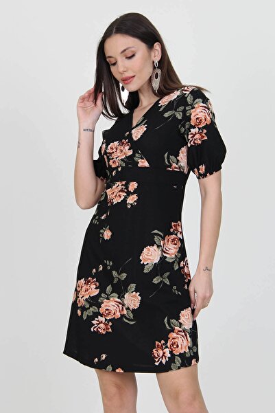 Neşeli Butik Ženska crna mini haljina od pletenog krep materijala sa dvostruk...