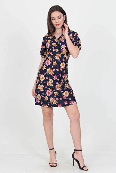 Neşeli Butik Γυναικείο μίνι φόρεμα με διπλό γιακά με λουλουδάτο σχέδιο πλεκτό...