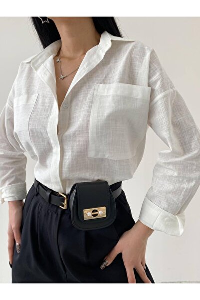 GALAVİP قميص كتان أبيض كبير الحجم بجيب مزدوج للسيدات