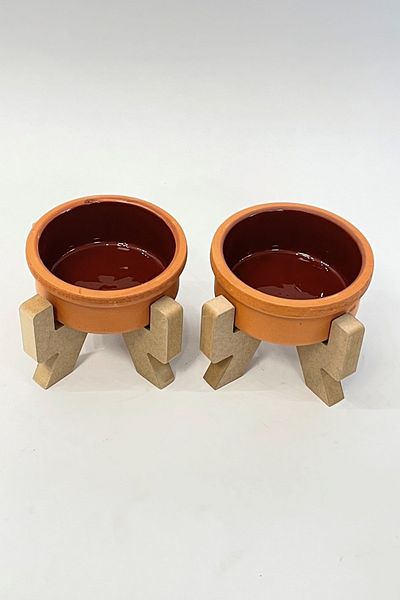 HobiMax Wooden, Glazed Pottery Bowl (ORGANIC) Set of 2 Demountable Cat Food and Water Bowl