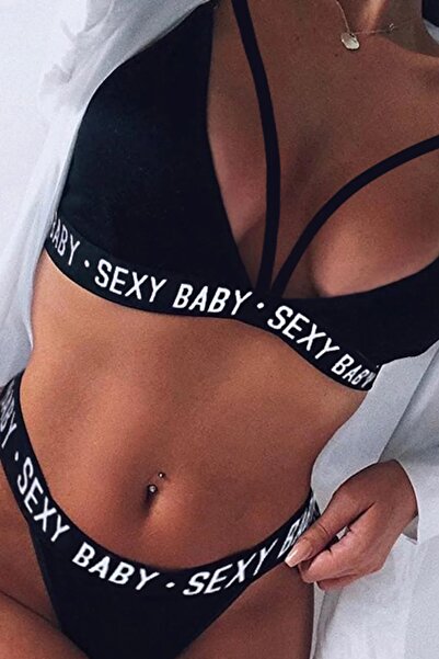 Imoda Kadın Siyah Yazı Detaylı Ipli Sütyen Takımı