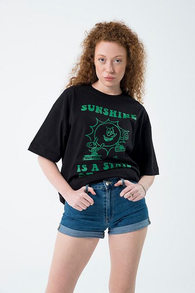 Eazy Co Eazy Black Sunshine Unisex Extra Oversize Printed Short Sleeve T-shirt