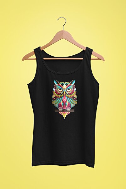 Raf Coll Tricou cu bretele negre pentru damă, cu imprimeu digital cu bufniță ...