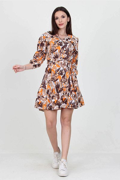Neşeli Butik Γυναικείο μίνι φόρεμα με λαιμόκοψη Camel V με λεπτομέρεια λουλουδάτο Nb10029