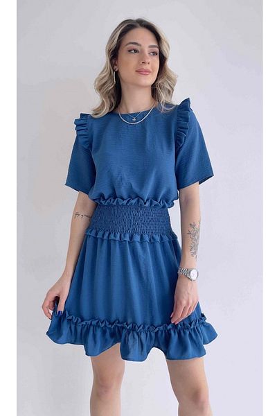 vuvutasarım Rochie mini albastră evazată cu mânecă scurtă, cu talie din țesătură Aerobin, pentru femei 038