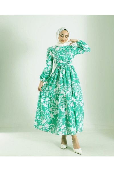 Kirazgym Hijab Summer Dress - White Floral Patterned Flared