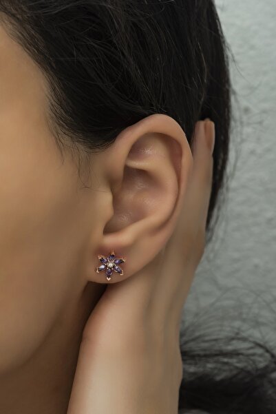 Nereze 925 Ayar Gümüş Mor Taşlı Lotus Çiçeği Küpe