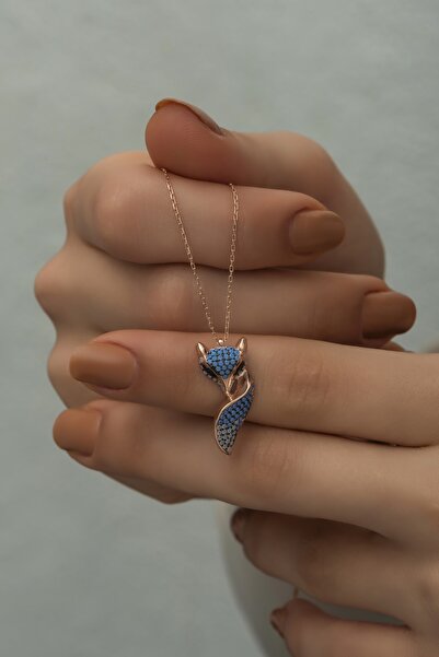Nereze 925 Ayar Gümüş Turkuaz Zirkon Taşlı Tilki Kolye