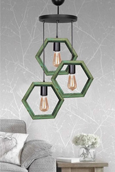 Genel Markalar Yeşil Boyalı Ahşap 3 Lü Hexagon Avize