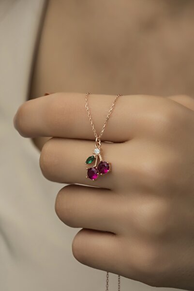 Nereze 925 Ayar Gümüş Rose Zirkon Taşlı Kiraz Kolye