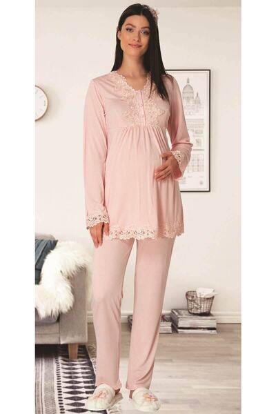 Lohussa Kadın Pudra Dantelli Emzirme Özellikli Pamuklu Lohusa Hamile Pijama T...