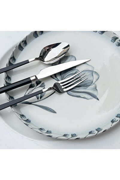 DMR LİFE Diamond Plain Black Fork Spoon Knife Set 36 Pieces for 6 People