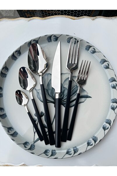 DMR LİFE Diamond Plain Black Fork Spoon Knife Set 36 Pieces for 6 People