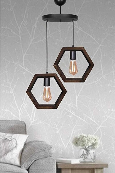 Genel Markalar Koyu Kahverengi Boyalı Ahşap 2 Li Hexagon Avize