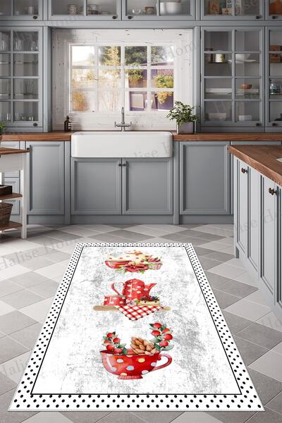 Halise Home Kaymaz Taban Dijital Baskı Yıkanabilir Beyaz Mutfak Halısı