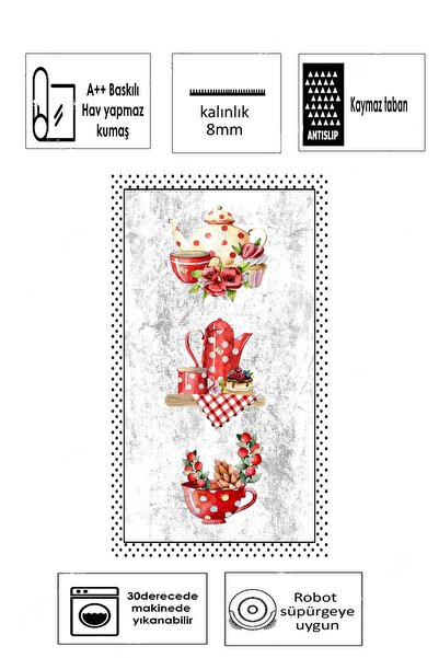 Halise Home Kaymaz Taban Dijital Baskı Yıkanabilir Beyaz Mutfak Halısı