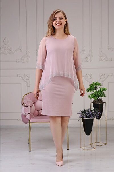 HaiModa Kadın Abiye Elbise Gri Simli Tüllü Taşlı Büyük Beden