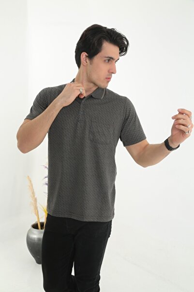 KMKkombin Baba Yakalı Cepli Desenli Model Klasik Kesim Tişört T-shirt