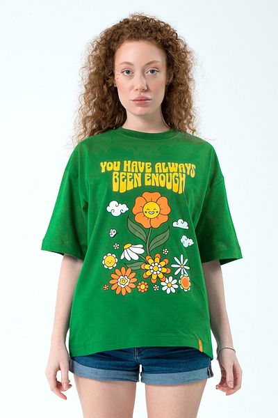 Eazy Co Eazy Green Happy Flowers Unisex Extra Oversize Printed Short Sleeve T-shirt