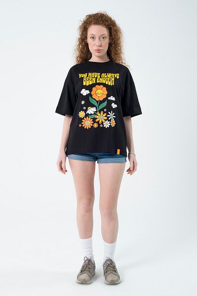 Eazy Co Eazy Black Happy Flowers Unisex Extra Oversize Printed Short Sleeve T-shirt