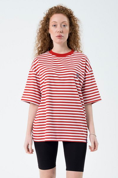 Eazy Co Eazy Red and White Striped Extra Oversize Printed Short Sleeve T-shirt