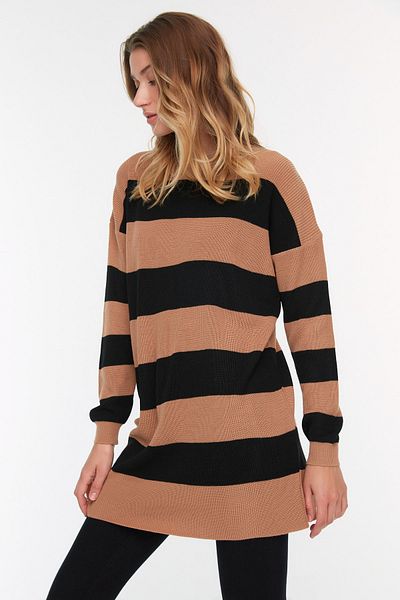 Trendyol Modest Πλεκτό πουλόβερ καφέ ριγέ TCTAW22AK0131