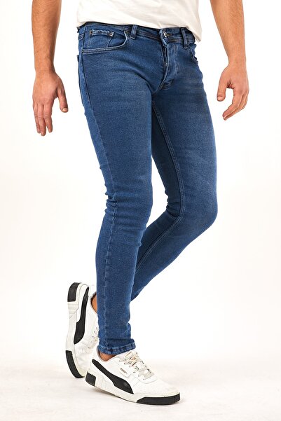 MODAMESTO Erkek Mavi Slim Fit Likralı Dar Paça Kot Pantolon