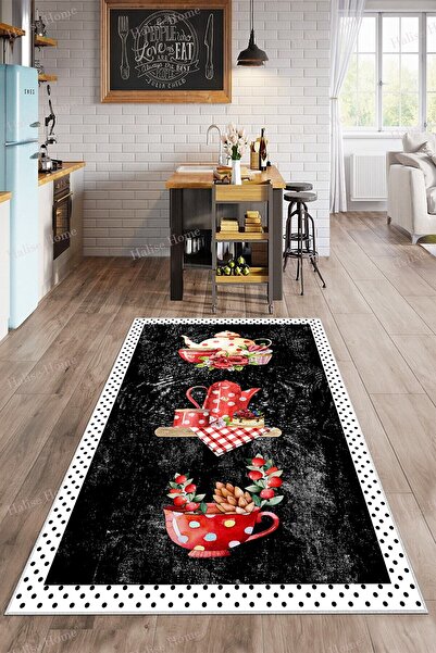 Halise Home Kaymaz Taban Dijital Baskı Yıkanabilir Siyah Mutfak Halısı