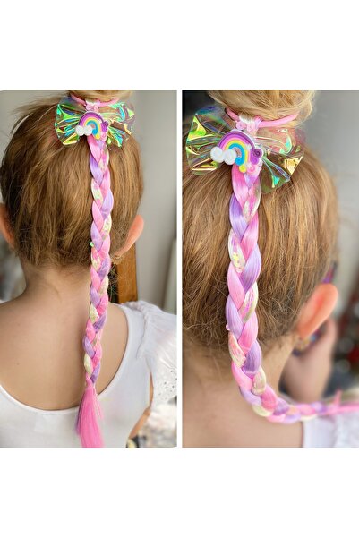 QUEEN AKSESUAR Örgü Takma Uzun Çocuk Saç Pullu Postiş Gökkuşağı Fiyonklu