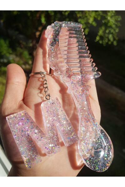 F48HEDİYELİK Pembe Simli Şeffaf Epoksi Anahtarlık Ve Tarak