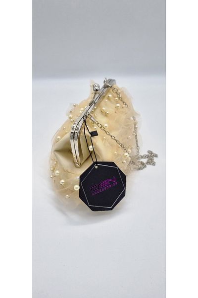 DSN Pearl and Tulle Detailed Chain Strap Hand and Shoulder Bag Beige Color