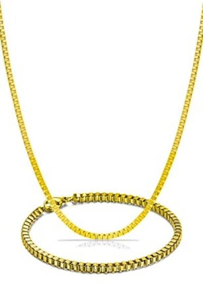 TREND COLLECTİON Küp Model Gold Erkek Bileklik Ve Kolye Zincir Set