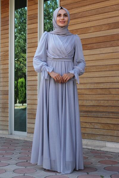 Mihir Kadın Nervür Detaylı Tesettür Abiye Elbise - Gri