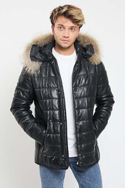 Nero Leather - Şişme Erkek Hakiki Deri Mont Kapüşon Rakun