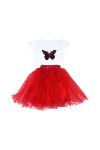 Nisu Tasarım Red Butterfly T-Shirt - Red Lined Tutu Skirt Set