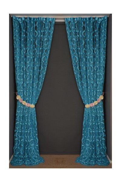 AKÇA TEKSTİL Vakko Model Turquoise Color Rope Curtain Ready-made Buttons Sewn Rope Curtain 300*270 Cm