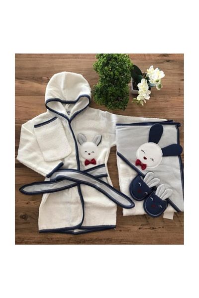 Sitilin Baby Boy Navy Blue Rabbit Towel Bathrobe Set 0-2 Years