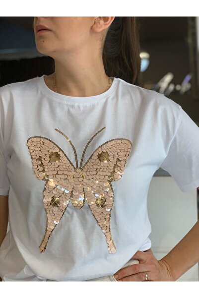 HANDE ARIK Kadın Kelebekli Pullu Tshirt