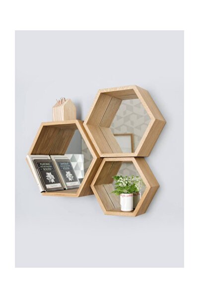 Wooden City Ahşap Doğal Ham Altıgen Dekoratif Duvar Rafı 3'lü Set
