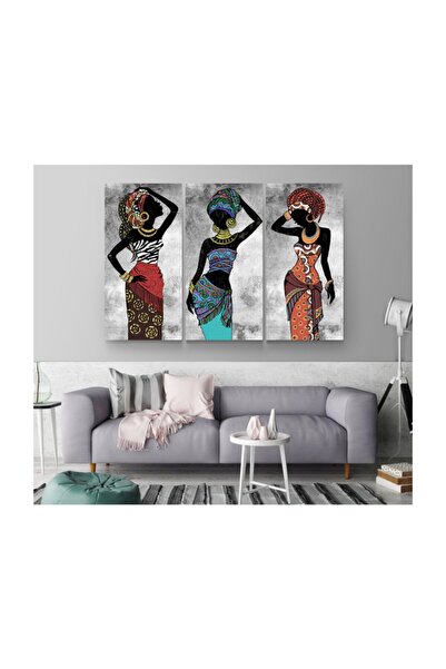 Meteor Galeri Afrikalı Renkli Siyahi Kadınlar 3 Parçalı Kanvas Tablo / 20x40c...