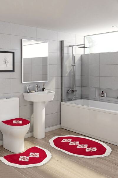 Alanur Home Комплект за баня с 3 части, с бродерия във формата на лилия, червен