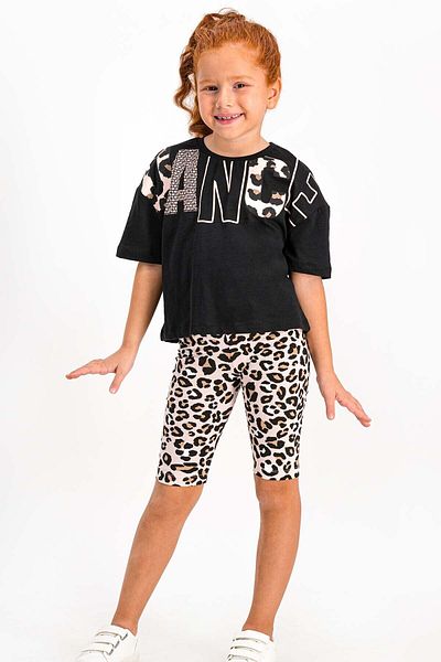 ROLY POLY Girl's Black Dance Leopard Patterned Crew Neck Tights Set