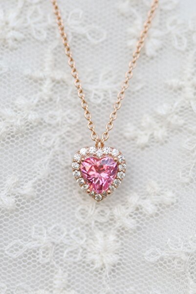 Crystal Diamond Zirconia Işıklı Kutuda 1 Carat Pembe Kalp Kolye