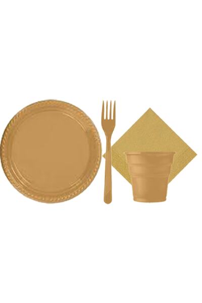 PartylandTR Gold Altın Renk 25 Kişilik Plastik Bardak Çatal Tabak Peçete